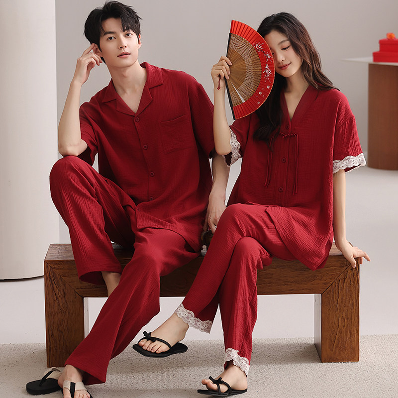 思馨坊夏季纯棉情侣睡衣男女短袖薄款开衫红色结婚结婚家居服套装
