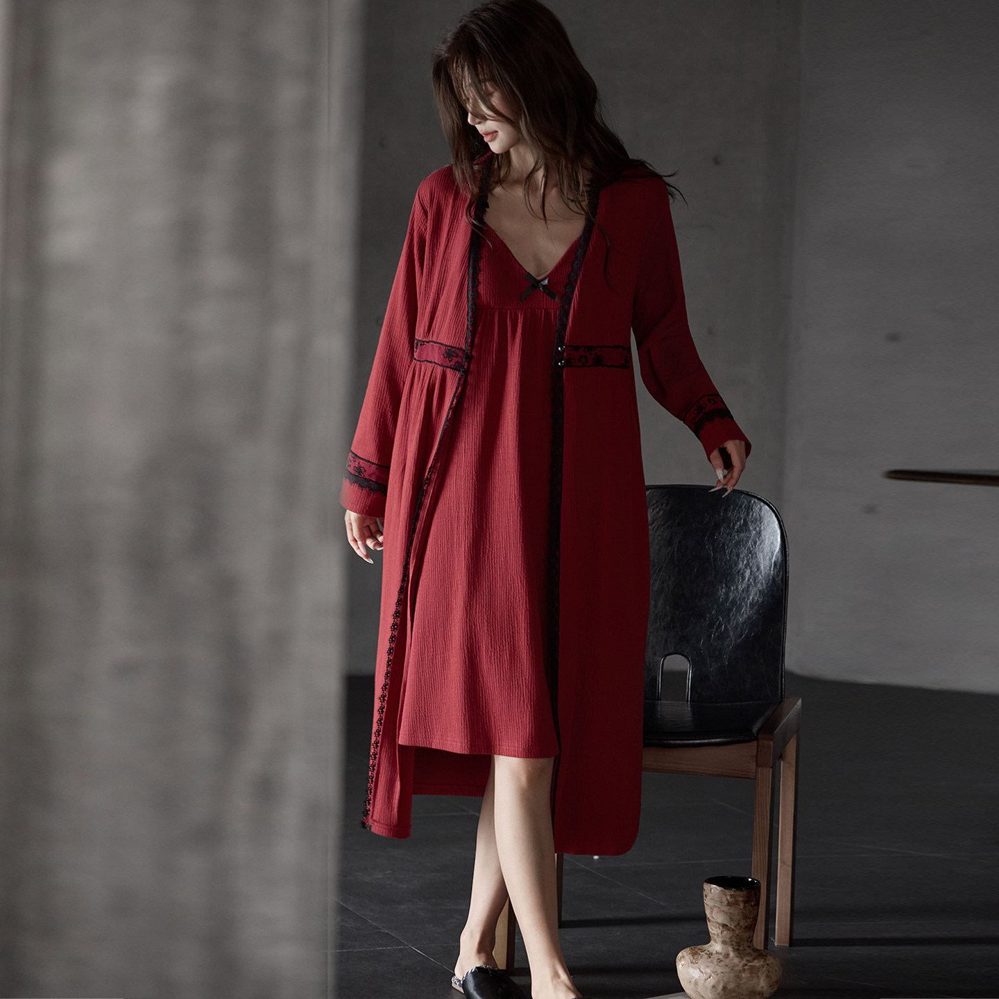 思馨坊带胸垫睡裙女士春秋季纯棉长袖睡袍睡衣两件套红色结婚晨袍