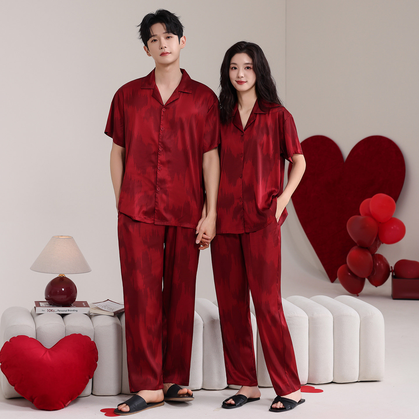 思馨坊情侣睡衣冰丝红色新婚结婚短袖长裤红色一男一女家居服套装