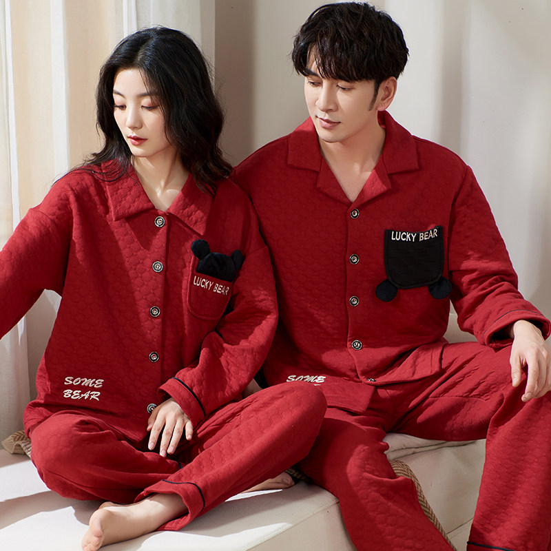 思馨坊情侣睡衣秋冬纯棉红色结婚本命年喜庆加厚夹层空气棉家居服