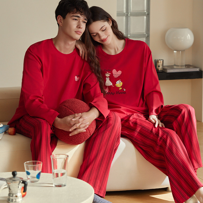 思馨坊情侣纯棉红色结婚圆领睡衣