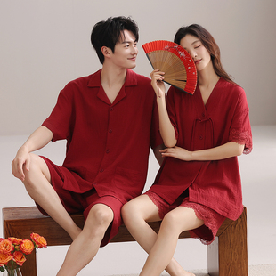 女棉纱布男士 思馨坊红色情侣睡衣结婚新婚套装 短裤 短袖 家居服 夏季