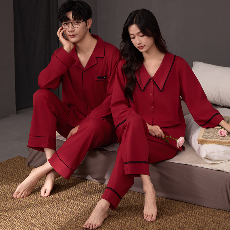 情侣春秋季纯棉红色结婚睡衣