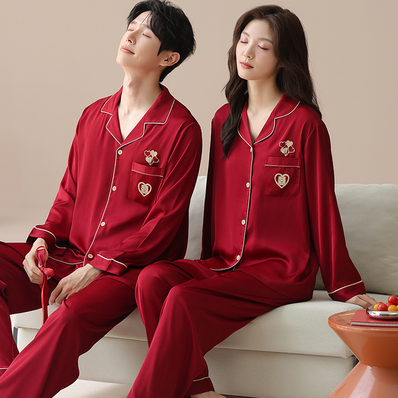 思馨坊情侣红色冰丝长袖睡衣套装