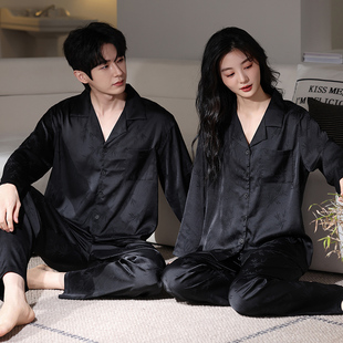 思馨坊情侣睡衣女春秋冰雪丝长袖新中式国风竹子仿真丝绸男家居服