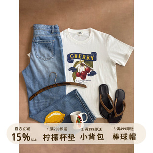 好朋友复古商店水果系列无侧缝美式复古手绘樱桃全棉正肩短袖