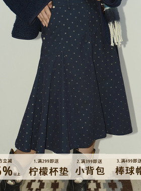 好朋友复古商店·复古海军蓝波点A字鱼尾半身裙高腰显瘦