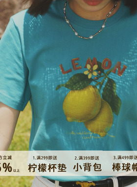 777复古薄荷绿手绘做旧纯棉柠檬复古画报圆筒纯棉男女同款短袖