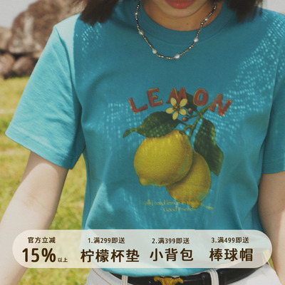 777复古薄荷绿手绘做旧纯棉柠檬复古画报圆筒纯棉男女同款短袖