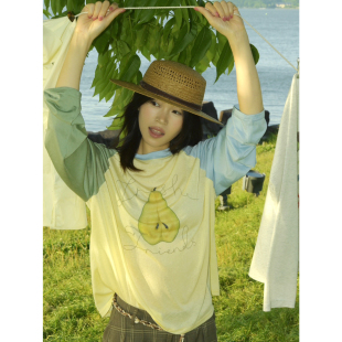 好朋友复古商店莱赛尔纤维凉感梨子印花宽松插肩撞色长袖T恤罩衫