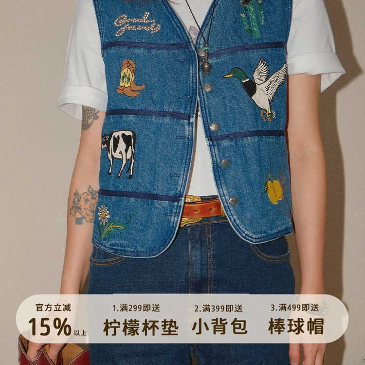美式复古经典农场牛仔马甲vintage风格重工贴布绣
