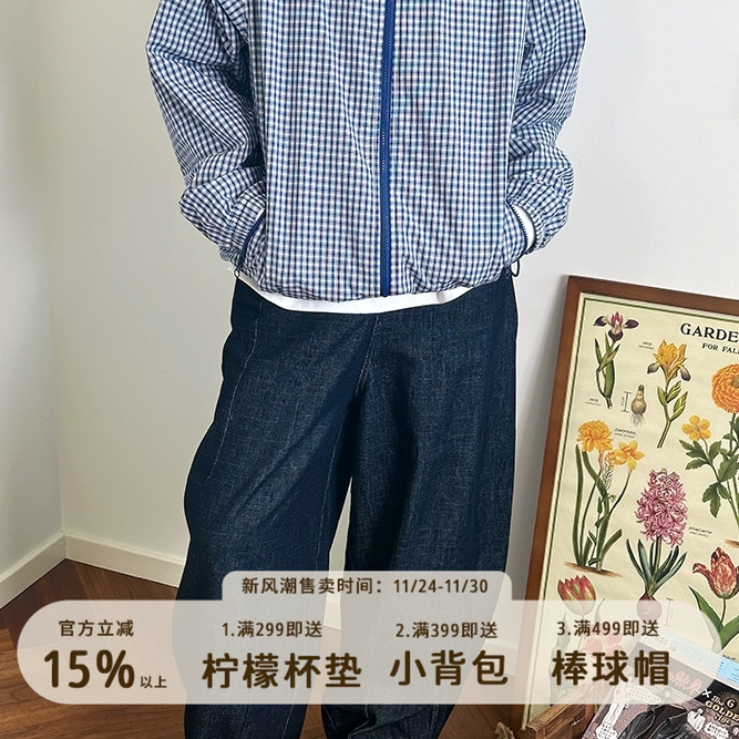 777男女同款美式复古定织复古蓝白格纹纯棉薄夹克冲锋衣宽松外套