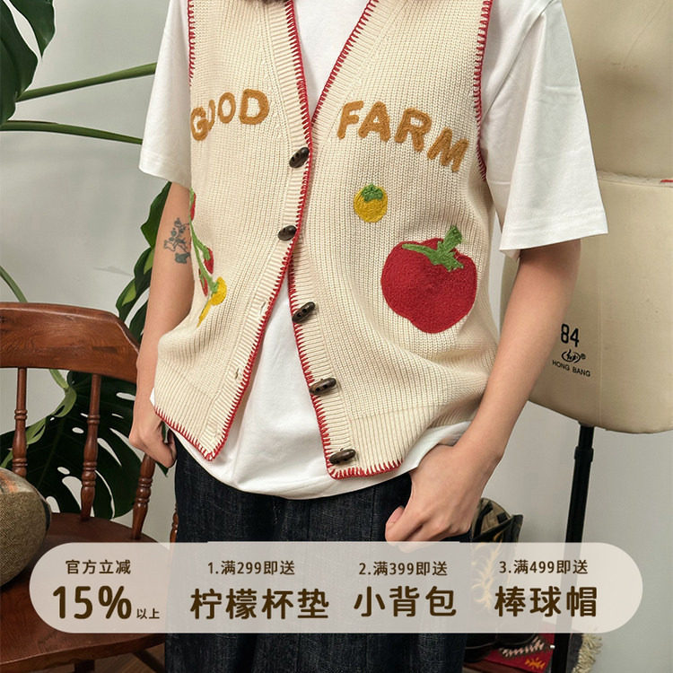 777男女同款美式复古番茄锁链绣花针织毛衣马甲开衫手工勾花边