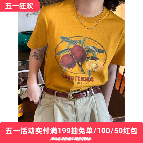 落日黄圆筒260g无缝短袖T恤情侣