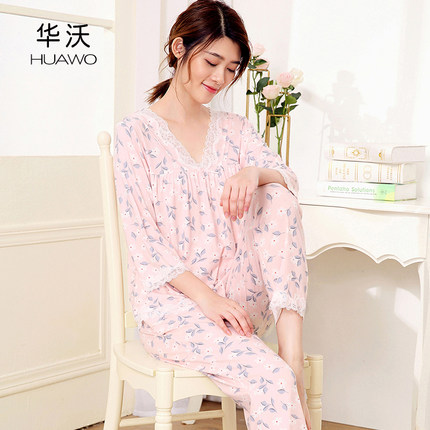 夏季新款中袖九分裤竹纤维睡衣女士七分袖长裤清新甜美家居服套装