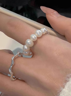 韩版珍珠戒指女小众设计感链条曲线戒指冷淡风时尚气质百搭高级感