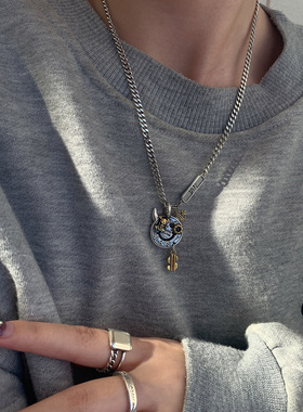 s925纯银泰银复古皇冠项链女网红笑脸吊坠项坠小恶魔复古时尚重工