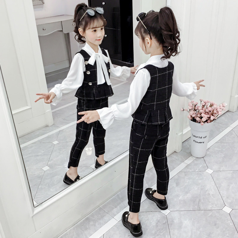 女童套装2023春装新款女孩洋气网红韩版儿童韩版春秋西装三件套潮