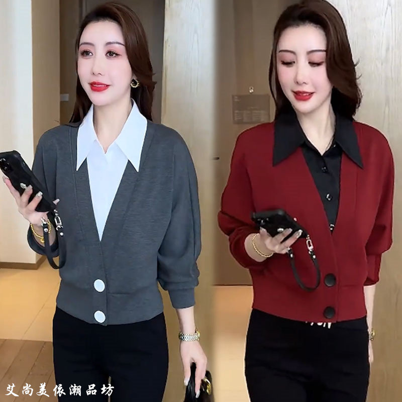 时尚休闲显瘦衬衣领拼接小衫