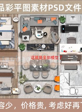 19号PS室内彩平图PSD素材文件现代风格彩色平面图轻奢风彩平图块