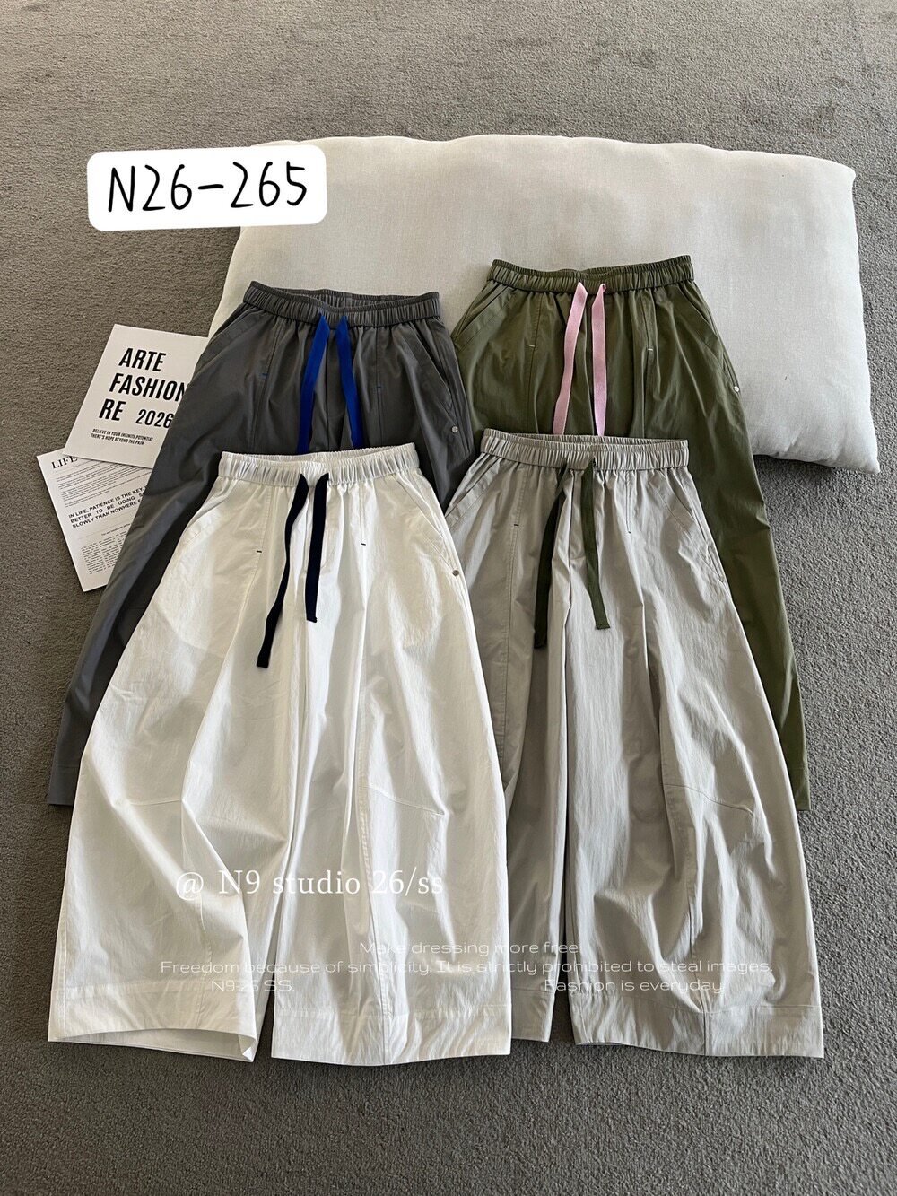 夏季新品N9薄款白色松紧腰宽松显瘦舒适运动九分女阔腿直筒休闲裤