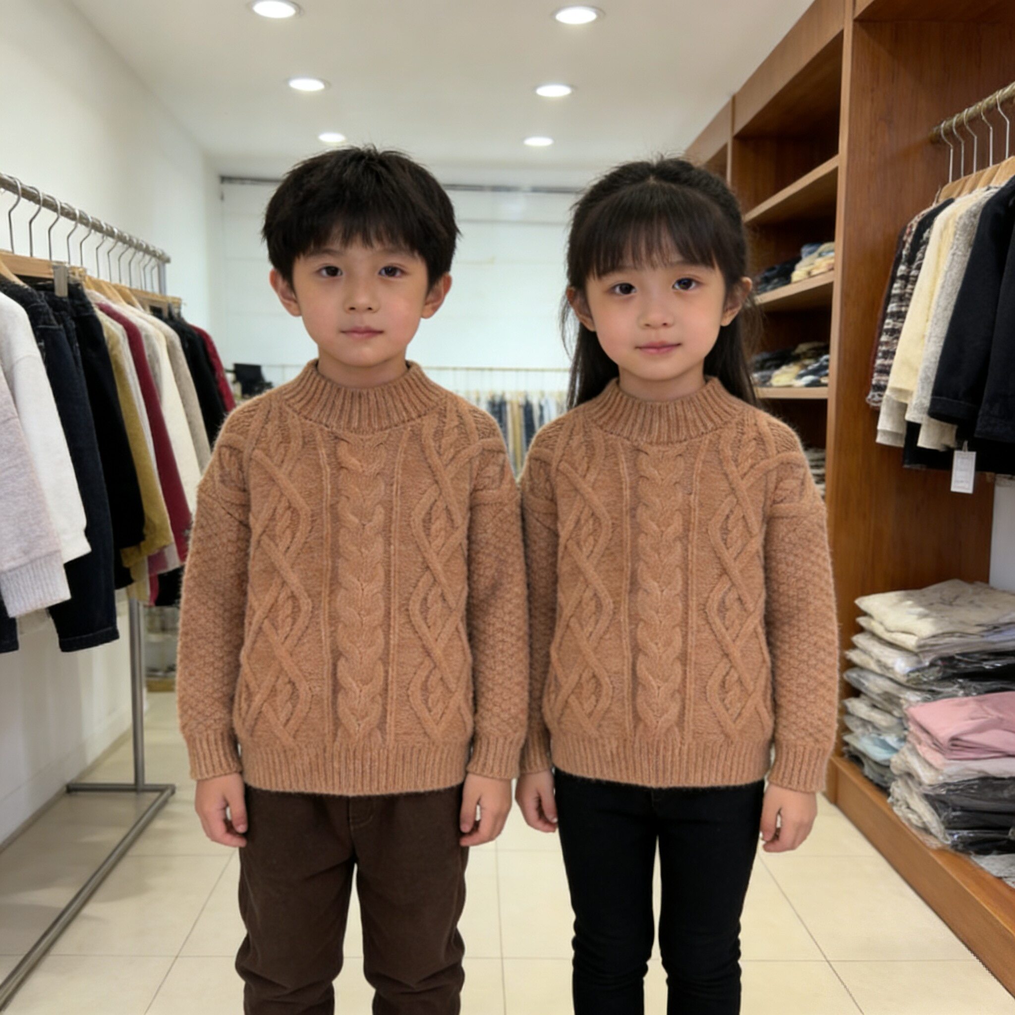 男女中童圆领麻花毛衣2026春秋冬款洋气时髦韩系百搭加厚针织衫
