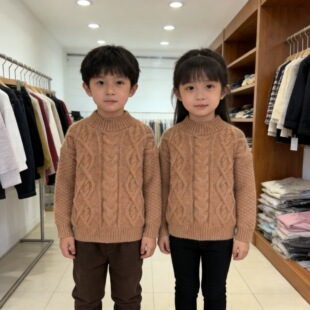 男女中童圆领麻花毛衣2026春秋冬款洋气时髦韩系百搭加厚针织衫