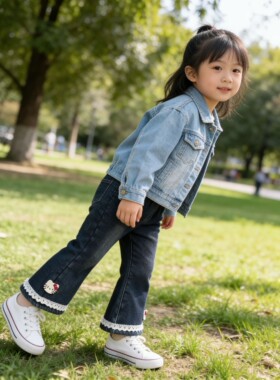 女小童秋冬加厚加绒新款洋气儿童新款休闲长裤女孩弹力喇叭牛仔裤
