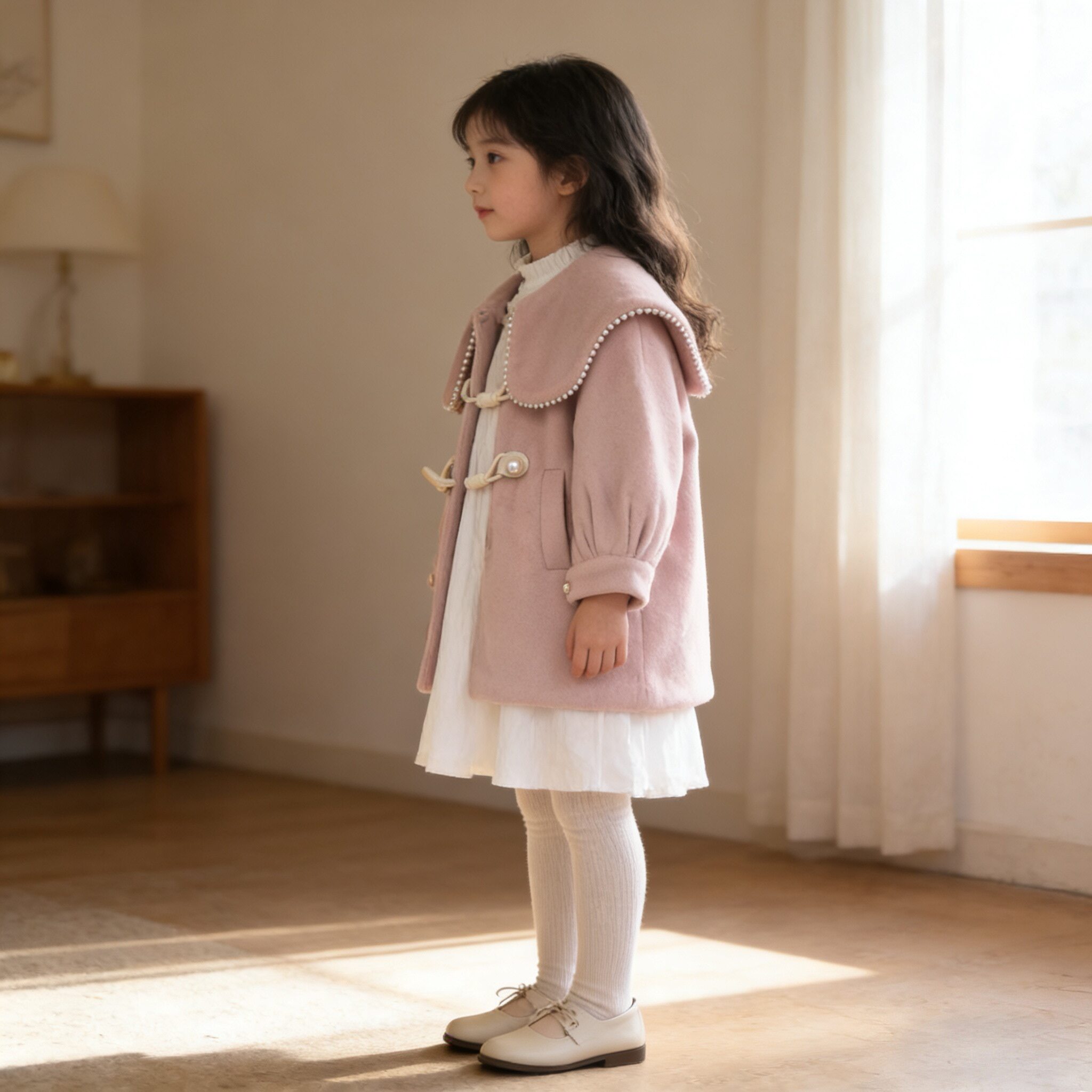 实体同步拜年服儿童韩版珍珠领呢子大衣女童冬季夹棉外套中长款粉