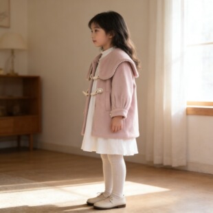实体同步拜年服儿童韩版珍珠领呢子大衣女童冬季夹棉外套中长款粉