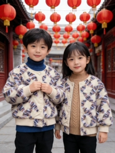 实体同步童装男女中童春秋冬装复古洋气加棉外套运动休闲棉服