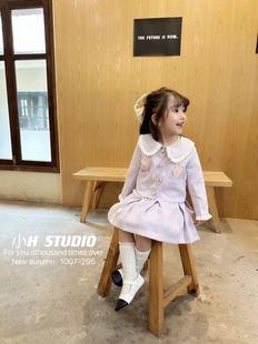 女童紫色小香风套装2025秋装新款儿童娃娃领外套时髦百褶裙两件套
