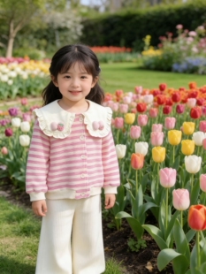 女小童娃娃领卫衣春秋2026新款儿童洋气条纹长袖上衣外套