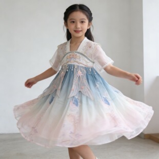 琦瑞德泽女童汉服连衣裙2025新款夏装中国风唐装云肩古装女孩襦裙
