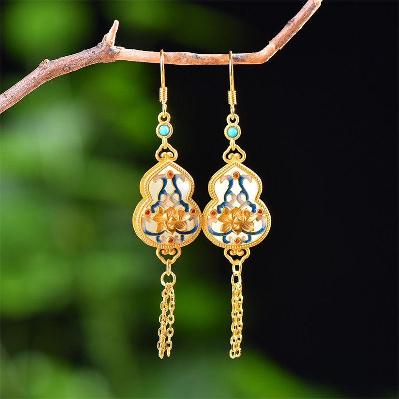 天然和田玉葫芦珐琅配多宝耳坠S925银镶嵌白玉流苏耳饰品国风礼物,珠宝/钻石/翡翠,耳饰,淘宝优惠券,粉丝福利购,淘宝优惠卷