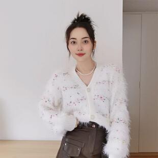 仿貂毛V领针织开衫女秋冬设计感流苏软糯慵懒风宽松短款毛衣外套