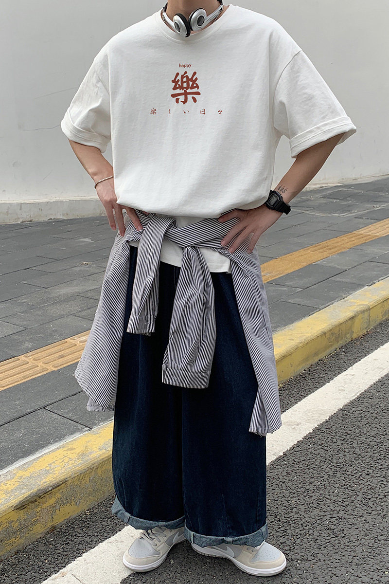 T30夏季大2024潮牌宽松大码乐印花短袖T恤港风半袖衫P25,男装T恤,星座414-3