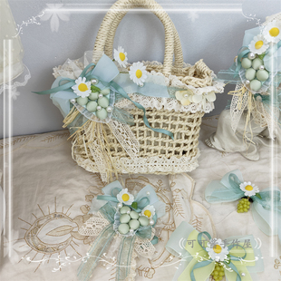 原创lolita青提小物发饰 花与珍珠匣青葡萄若草色田园风草帽提篮