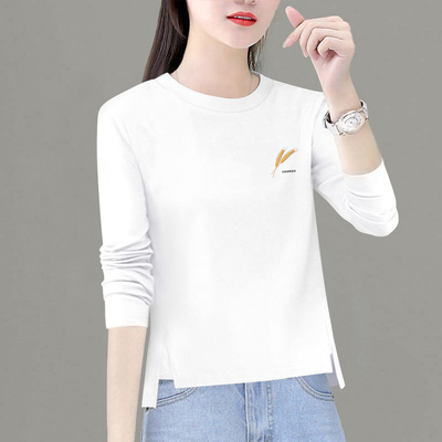 纯棉白色长袖t恤女士新款洋气宽松百搭上衣春秋季打底衫女内搭