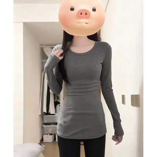 显瘦遮屁股t恤长袖 灰色中长款 修身 女秋冬新款 内搭上衣 加绒打底衫