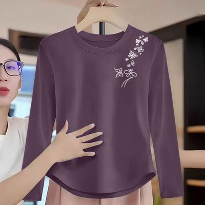 秋冬新款纯棉圆领长袖T恤女显瘦宽松遮肉内搭打底衫洋气上衣体恤