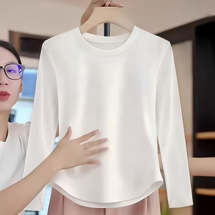 新款 T恤女秋季 弧形下摆宽松显瘦纯棉上衣体恤 长袖 白色内搭打底衫