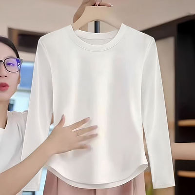 白色内搭打底衫长袖T恤女秋季新款弧形下摆宽松显瘦纯棉上衣体恤