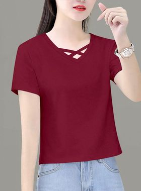 深红色短袖夏季新款宽松休闲百搭鸡心领纯色t恤显瘦镂空短款上衣