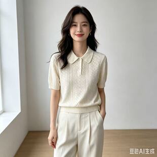 【思思粉丝专享】夏季新款桑蚕丝翻领短袖女式针织衫 2060
