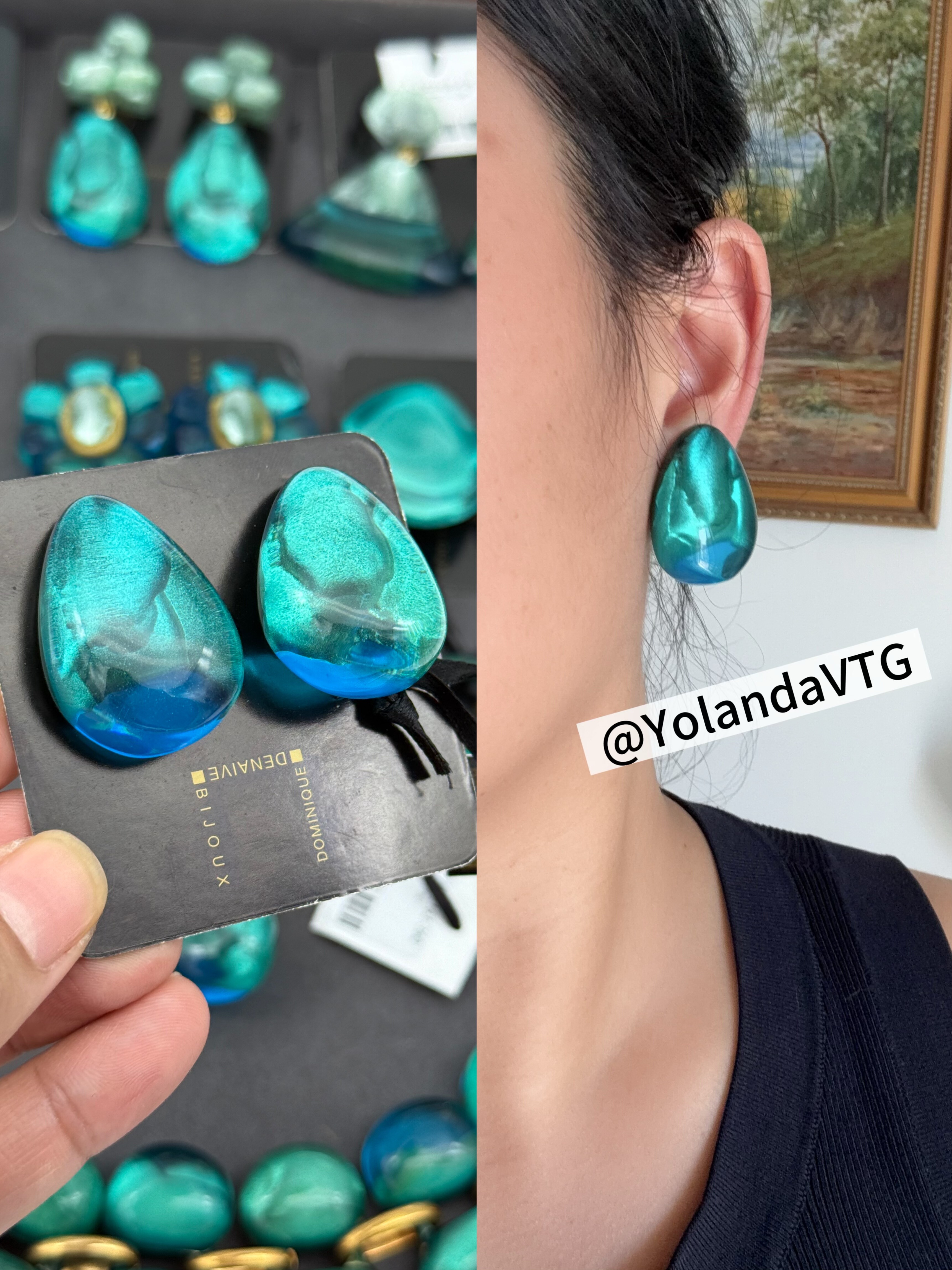 25秋冬全新法国设计Dominique denaive多米尼克蓝绿色水滴耳夹