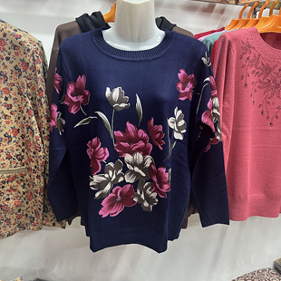 110-150斤长袖中老年女七分袖中袖针织衫薄毛衣妈妈印花春秋款