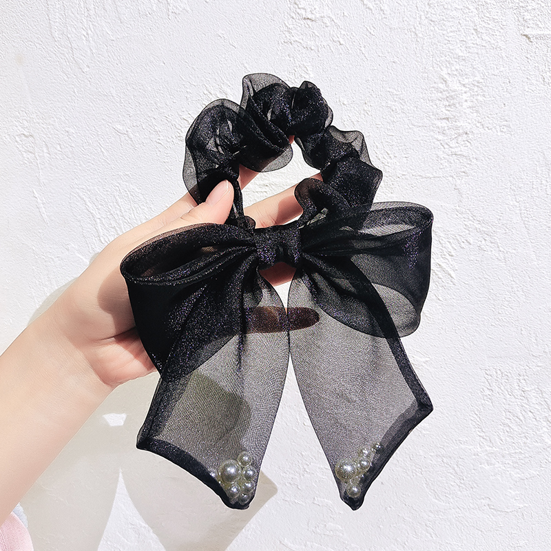 韩国气质甜美蝴蝶结头绳女扎头发绳黑色网纱珍珠飘带发圈大肠发饰