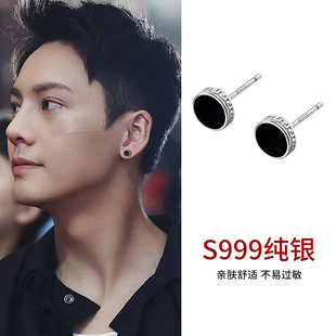 S999纯银长城纹耳钉男士2025新款爆款高级感单只耳环女养耳洞耳饰