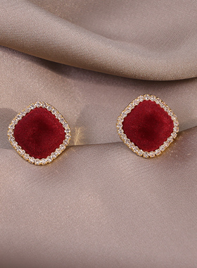 巨好看耳环925银针红色丝绒方形镶钻耳钉高级感新年简约气质耳饰